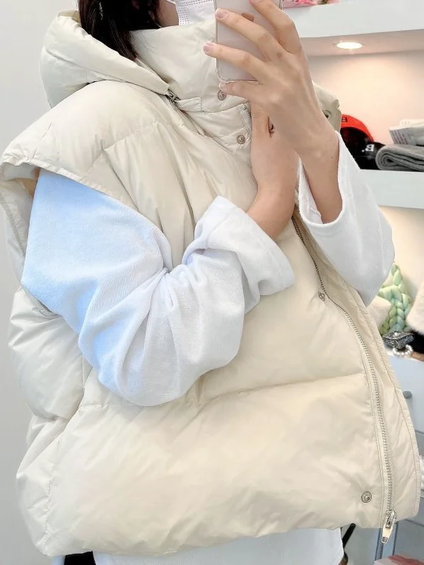 Versatile Thickened Cotton Hooded Vest Jacket Drawstring Waist Removable Cap Casual Multi Changeable Women's Sweater