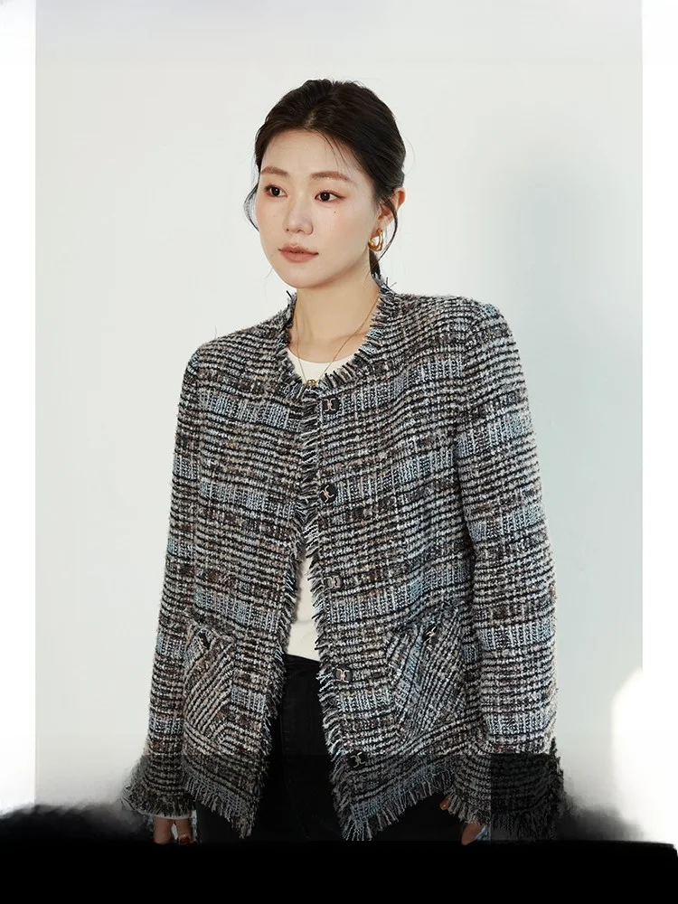 

Пальто из плотного шерстяного твида Bla Label, элегантное женское, осенне-зимнее, новинка, с прямым подолом, на пуговицах