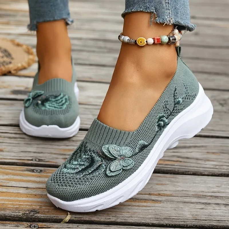 

Women Lightweight Embroidered Knit Flats Breathable Slip on Platform Shoes Soft Cushioning Casual Walking Shoes Work Daily Wear