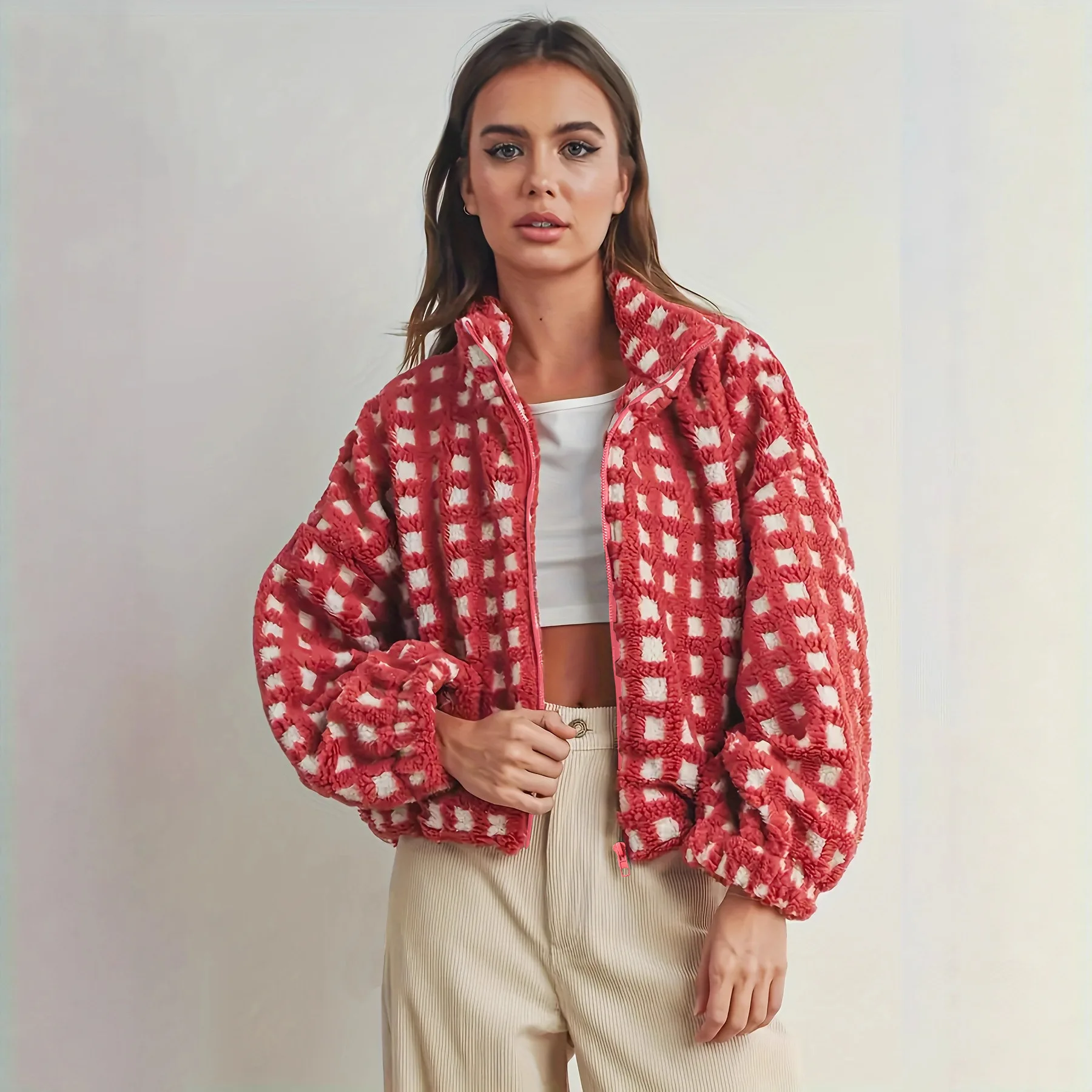 

NEW 2026 Autumn/Winter Women's Red Checkered Fluffy Jacket Fashion Jacket