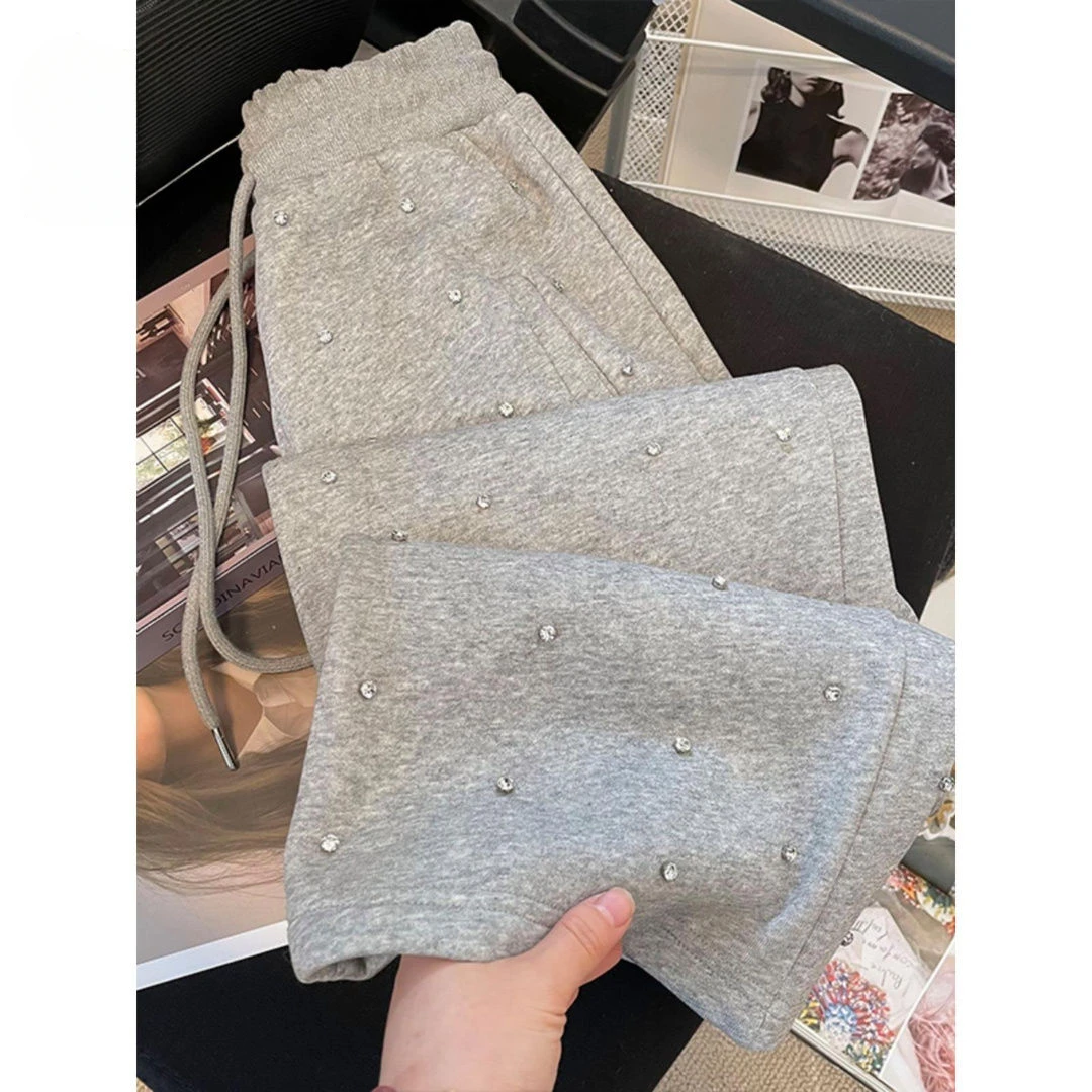 Heavy Industry Light Diamond Drawstring Loose Casual Pants for Women 2024 New High-Grade Fine Workmanship Wide-Leg Pants Trendy