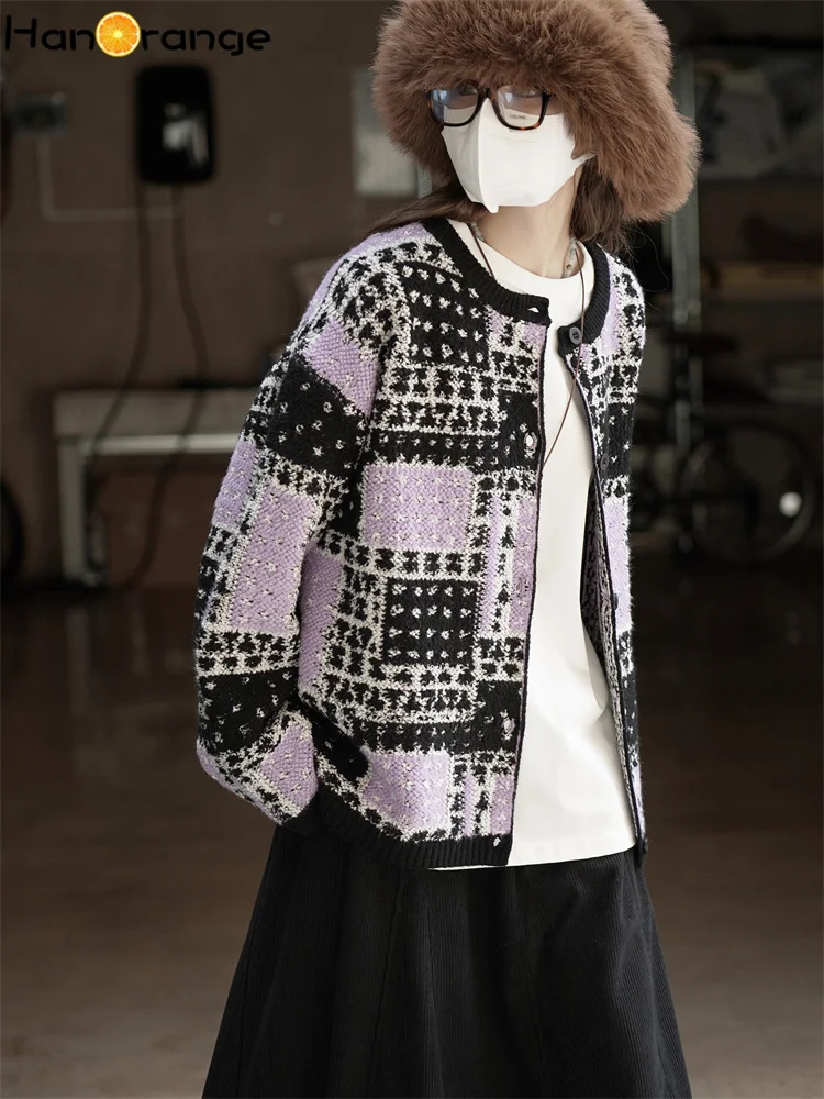 HanOrange 2025 الشتاء الرجعية الفن كتلة التباين قصيرة رداء علوي من الصوف المرأة فضفاضة قمة الموضة الأرجواني #4