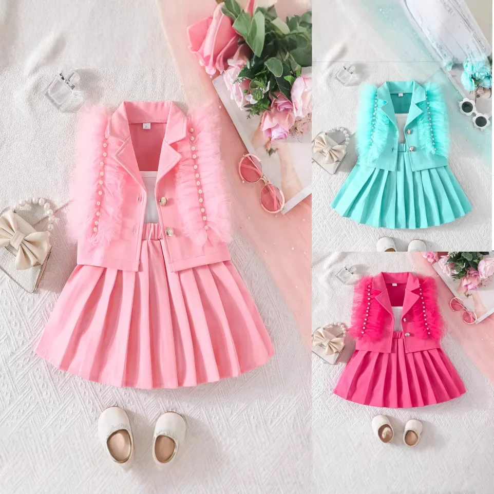 2026 Summer New Girls' Solid Feather Beaded Vest Pleated Skirt Set Sweet and Lively Three Piece Set