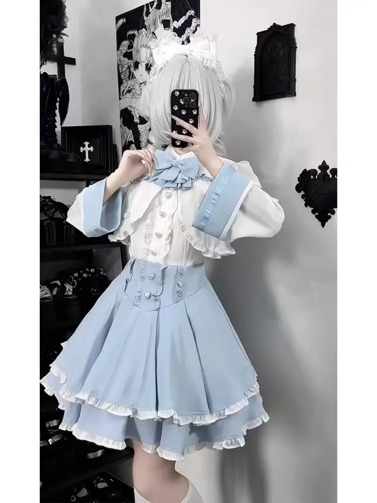Summer Japanese Cute Kawaii Dress Suit Women Fashion Sweet Elegant Patchwork Bow Sky Blue Dresses Cardigan Two-piece Set New