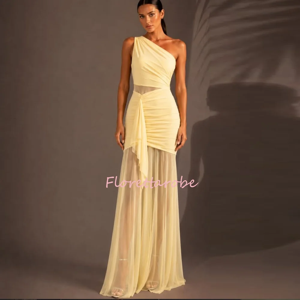 One Shoulder Fold Sexy Prom Dress Women Yellow Bodycon Maxi Long Evening Dresses Customized