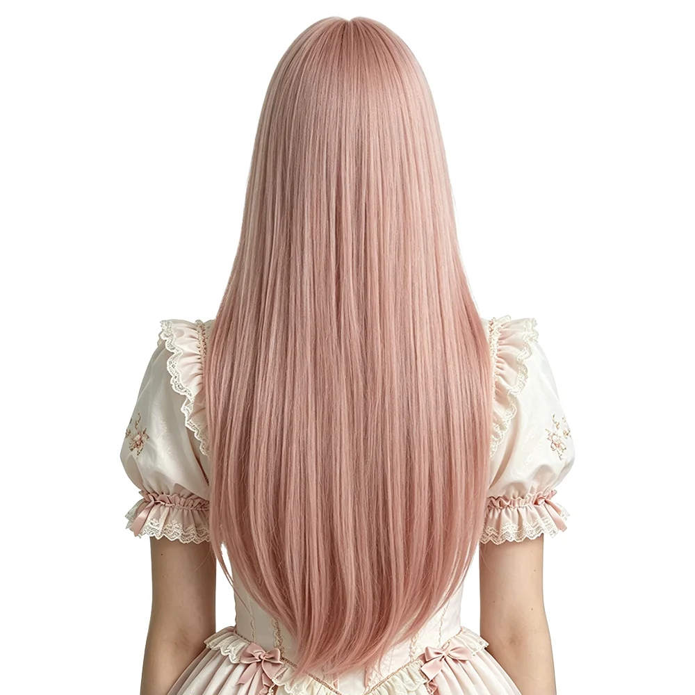 Pink Blonde Long Straight Wig With Bangs For Women Natural Layered Heat Resistant Synthetic Hair Daily Party Cosplay Halloween