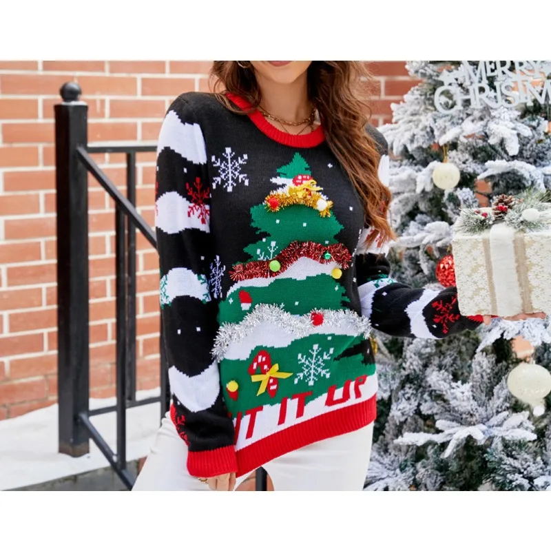 

Female Casual Round Neck Sweater Autumn & Winter Embroidered Christmas Tree Letter Cartoon Fashion Knitted Pullover Top