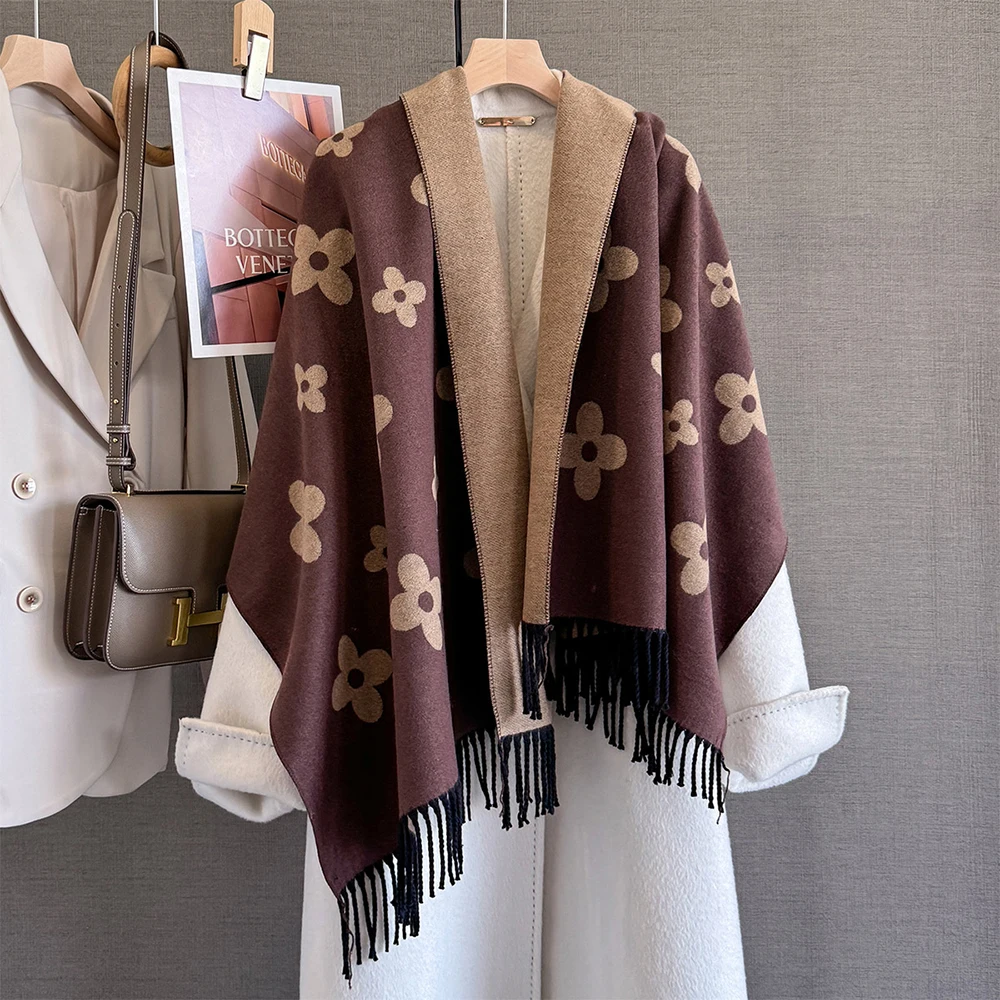 أنيقة الزهور الجاكار الصوف فو شال كشمير وشاح طويل المرأة شتاء دافئ منديل ربيع الخريف يلتف مزدوجة الجانبين