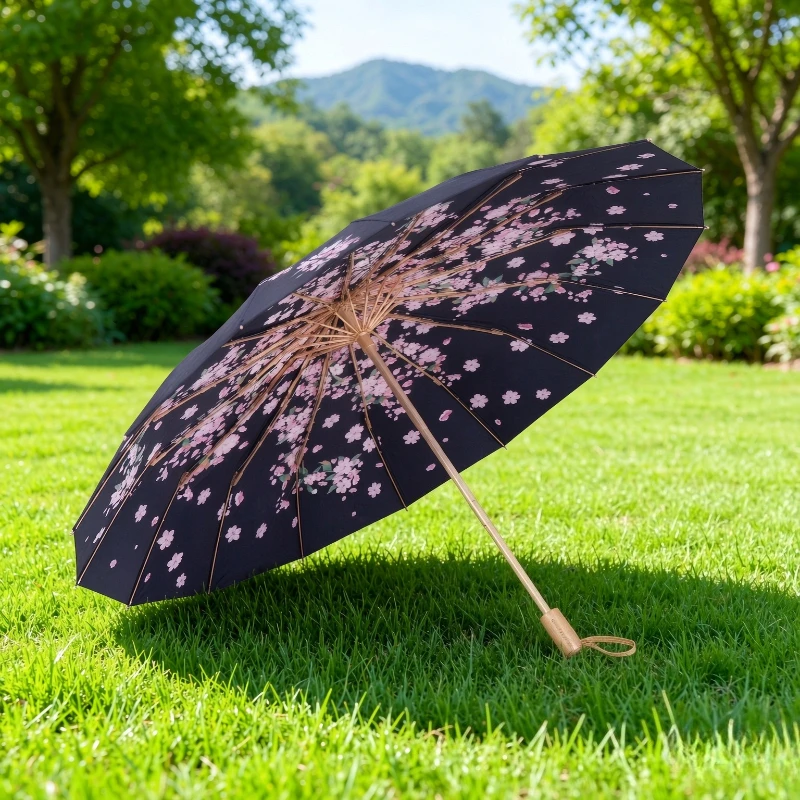 16-Bone Double Layer Sakura Folding Umbrella UV Protection Windproof Lightweight Sun Rain Parasol for Women Travel Use 접이식 양산