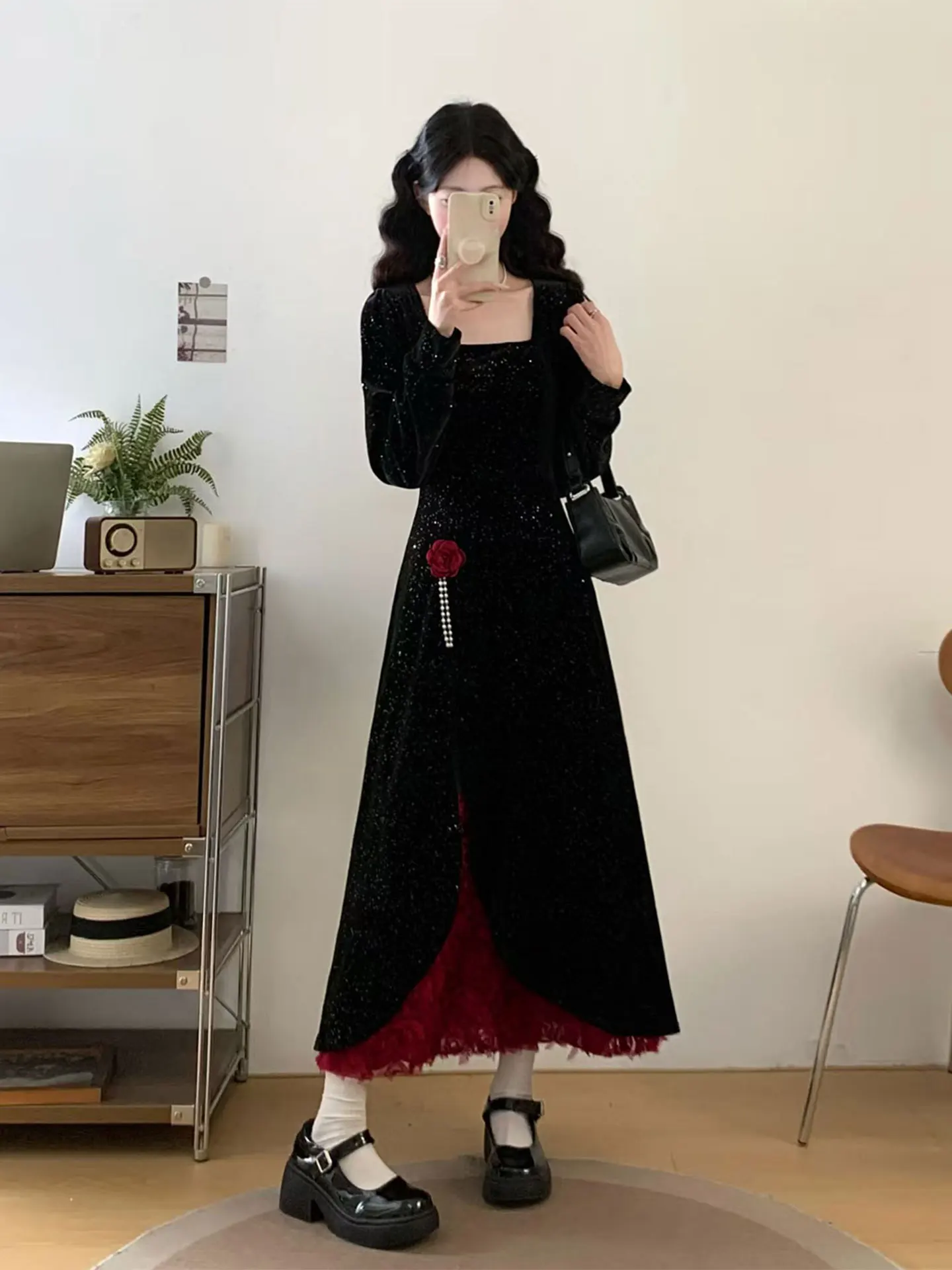 

Черная кружевная юбка А-силуэта с длинными рукавами для женщин больших размеров, повседневная, весна-осень, с эффектом похудения