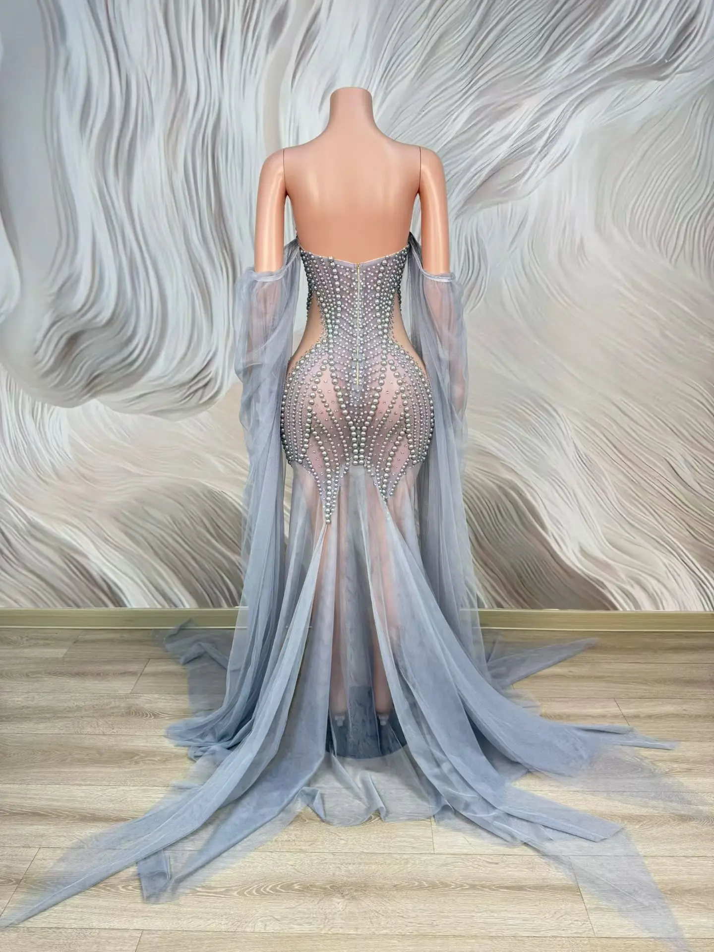 

sexy off shoulder pearl rhinestone birthday wedding prom mermaid long dress women evening gown Party Celebration Singer outfit