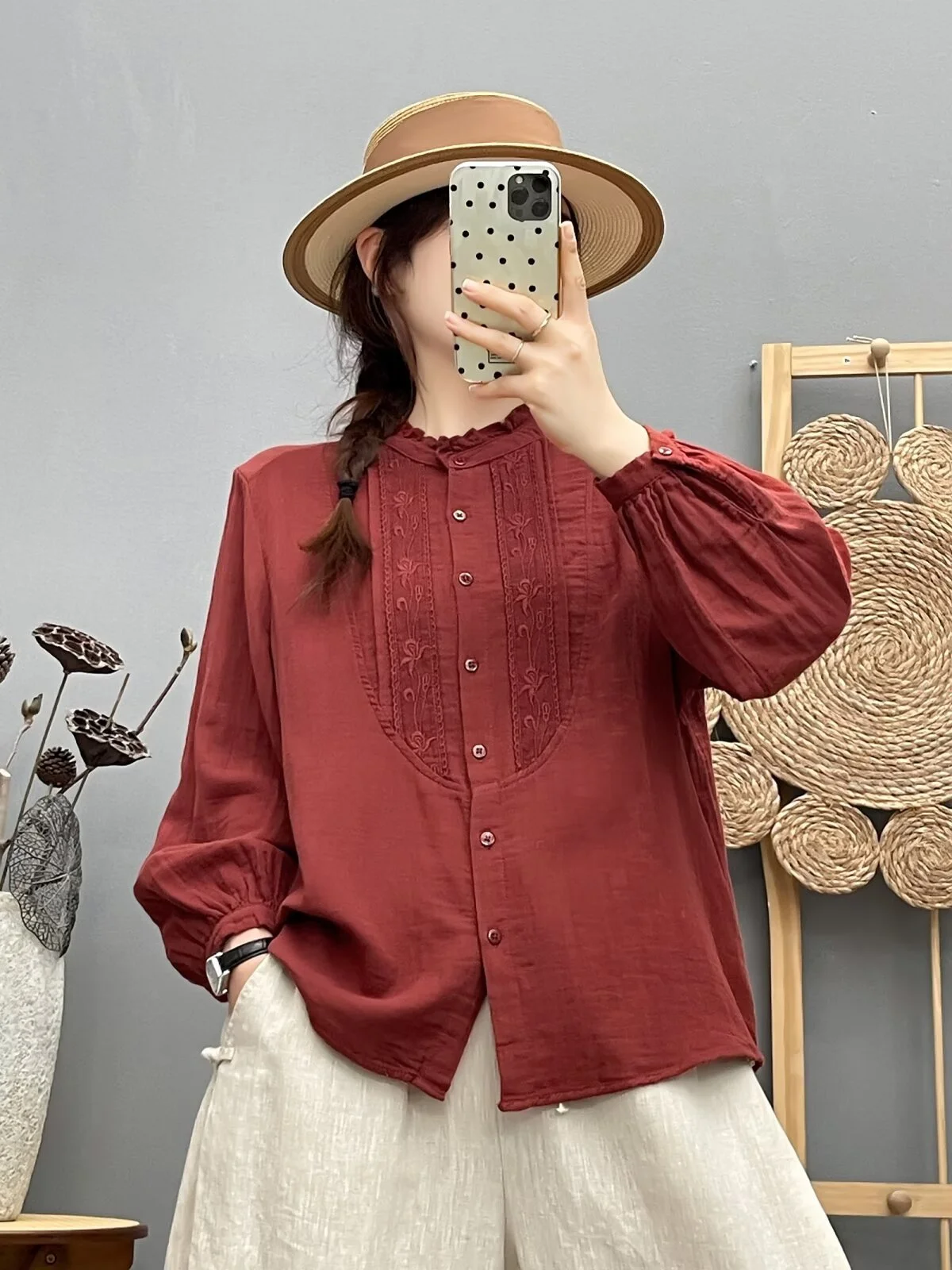

2026 Elegant embroider blouse woman 100% cotton shirt vintage white yellow red blue stand collar long sleeve shirts lady clothes