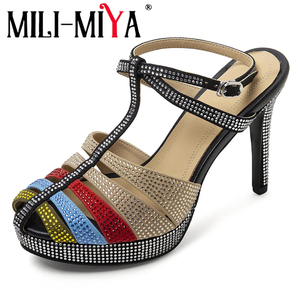MILI-MIYA Women's Round-Toe Kid Suede Ultra-High-Heel Platform Sandals With Rhinestones Mixed Color Ankle Wrap Dress Party Shoes