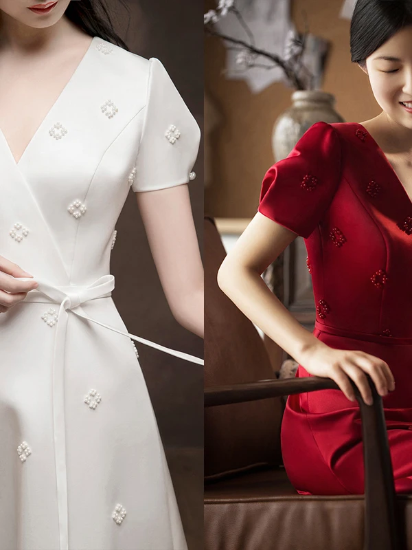 

Свадебное платье ручной работы из атласа с бисером, простой вырез, для фотосессий в путешествиях, помолвки, церемоний, с коротким рукавом, длинная юбка А-силуэта