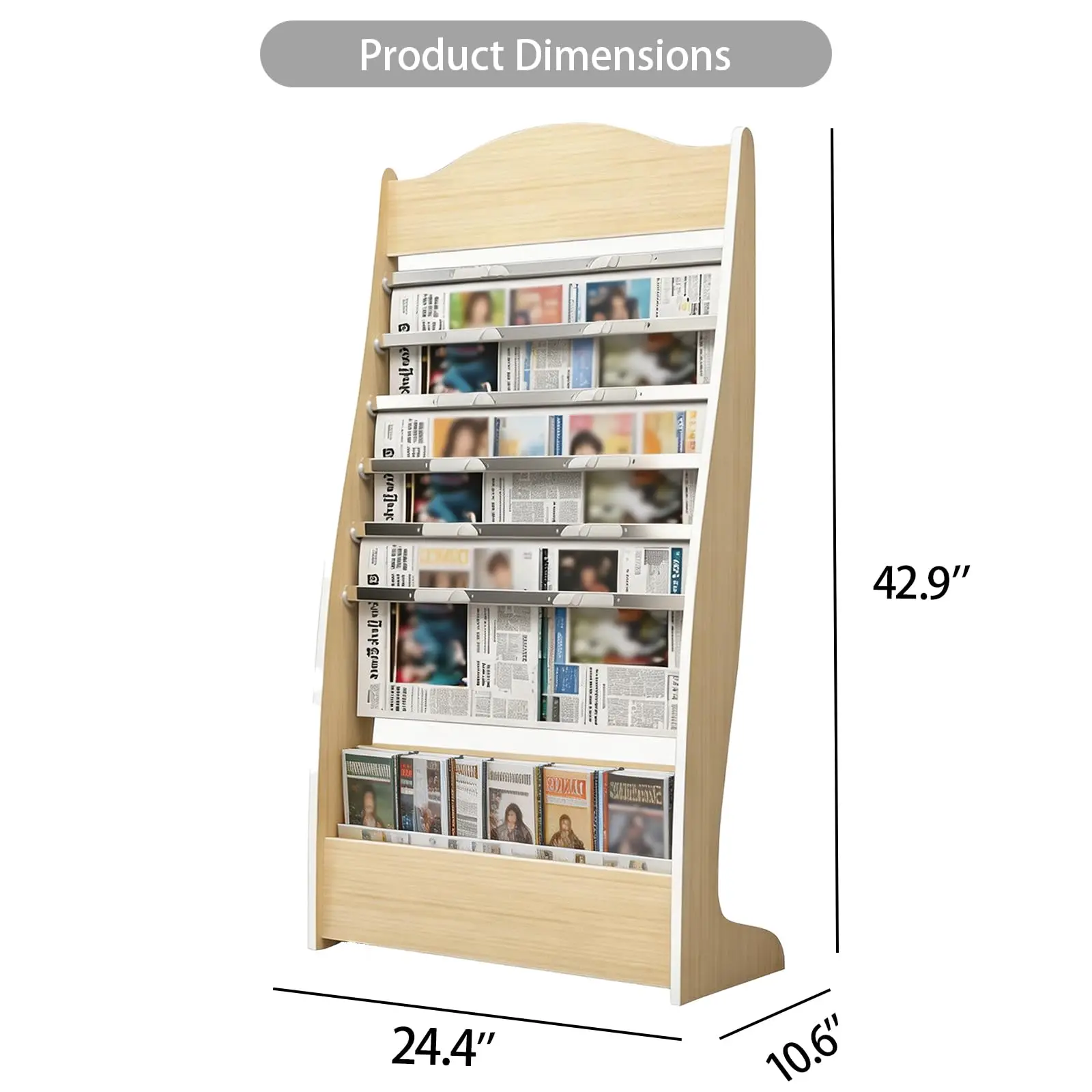 Wooden Magazine Rack, Floor Standing Brochure, Curved Newspaper Display Rack for Office, Clinic, Retail Store, Waiting