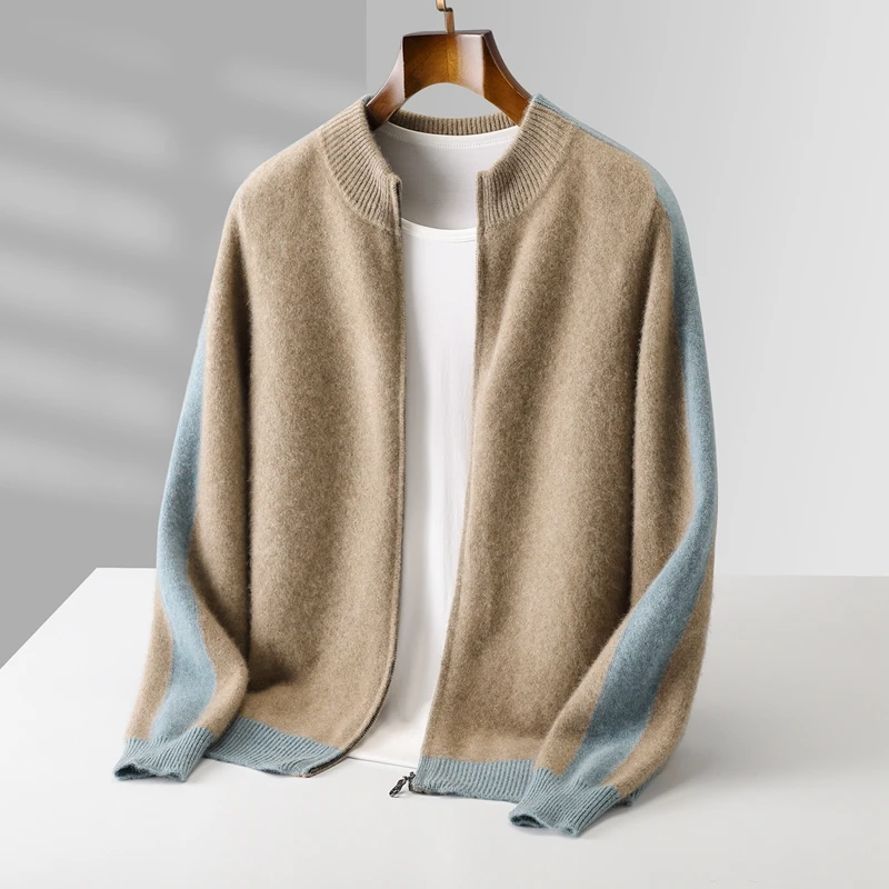 Autumn Winter New Half-High-Necked Zipper Color Matching Pure Wool Cardigan Men's Loose Leisure Business Sweater Knitted Coat