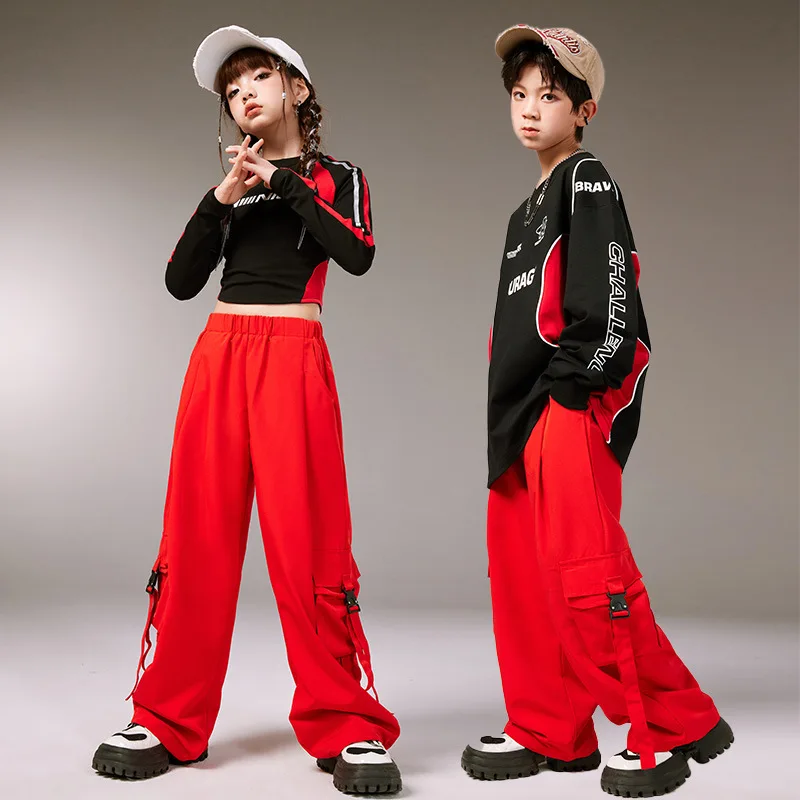 Kid Cool Hip Hop Clothing Black Letters Sweatshirt Crop Top Red Casual Strap Cargo Pants for Girl Boy Jazz Dance Costume Clothes