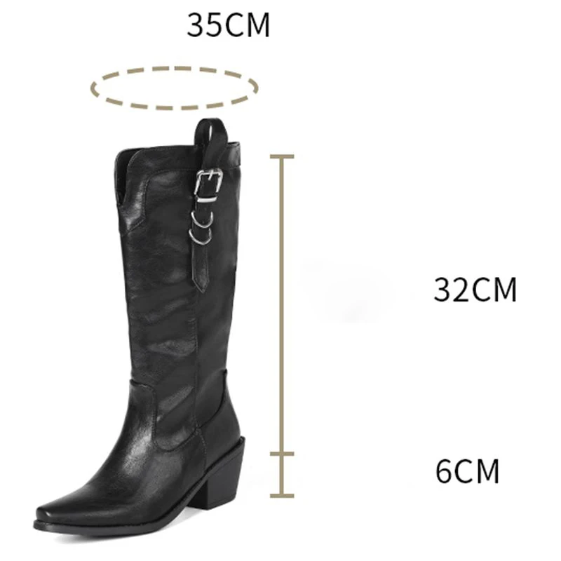 REAVE CAT Women Mid Calf Boots Square Toe 6cm Block Heels Slip On Belt Buckle Large Size 45 46 Non Slip Casual Daily Bota Brown