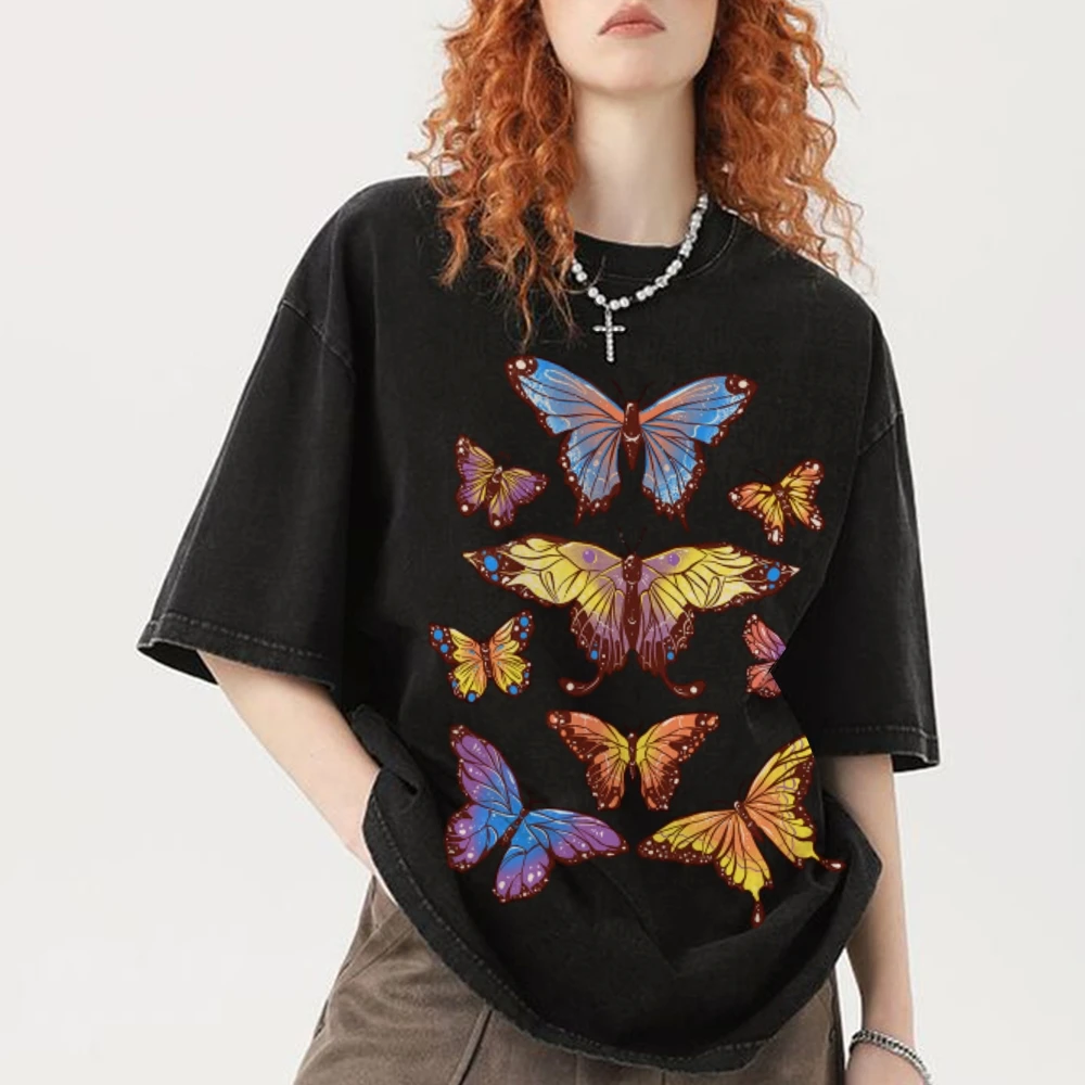 تي شيرت صيفي بلون متباين ، طباعة فراشة ، كتف لأسفل ، اتجاه الغسيل القديم ، أكمام قصيرة جديدة ، نمط Ins ، الموضة #5