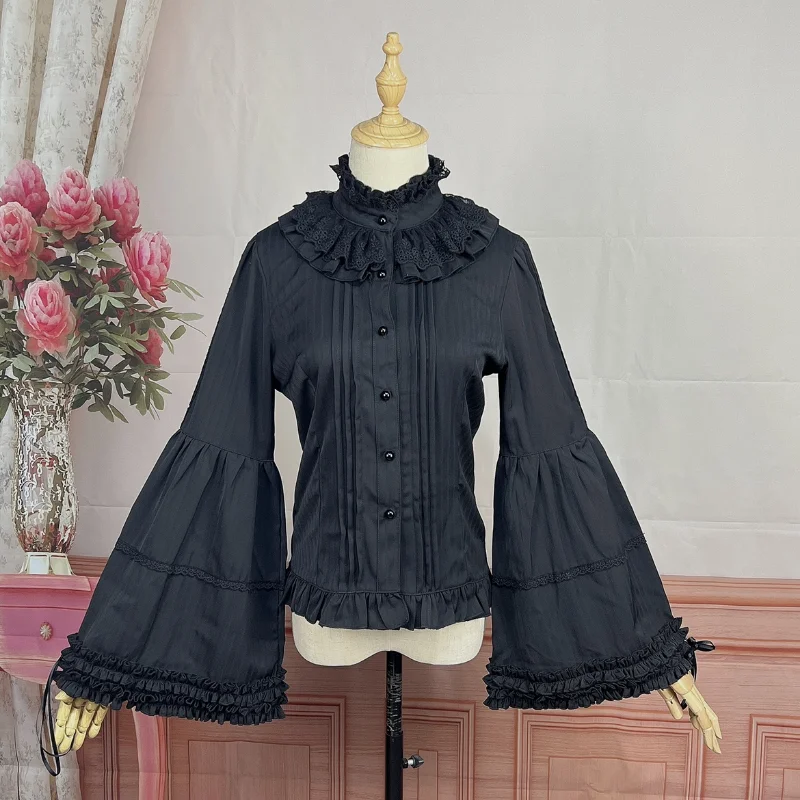 Gothic Lolita Style Blouses Women Vintage Elegant Ruffles Turtleneck Long Sleeve Tops Girls Kawaii Y2k Slim Shirts Black White