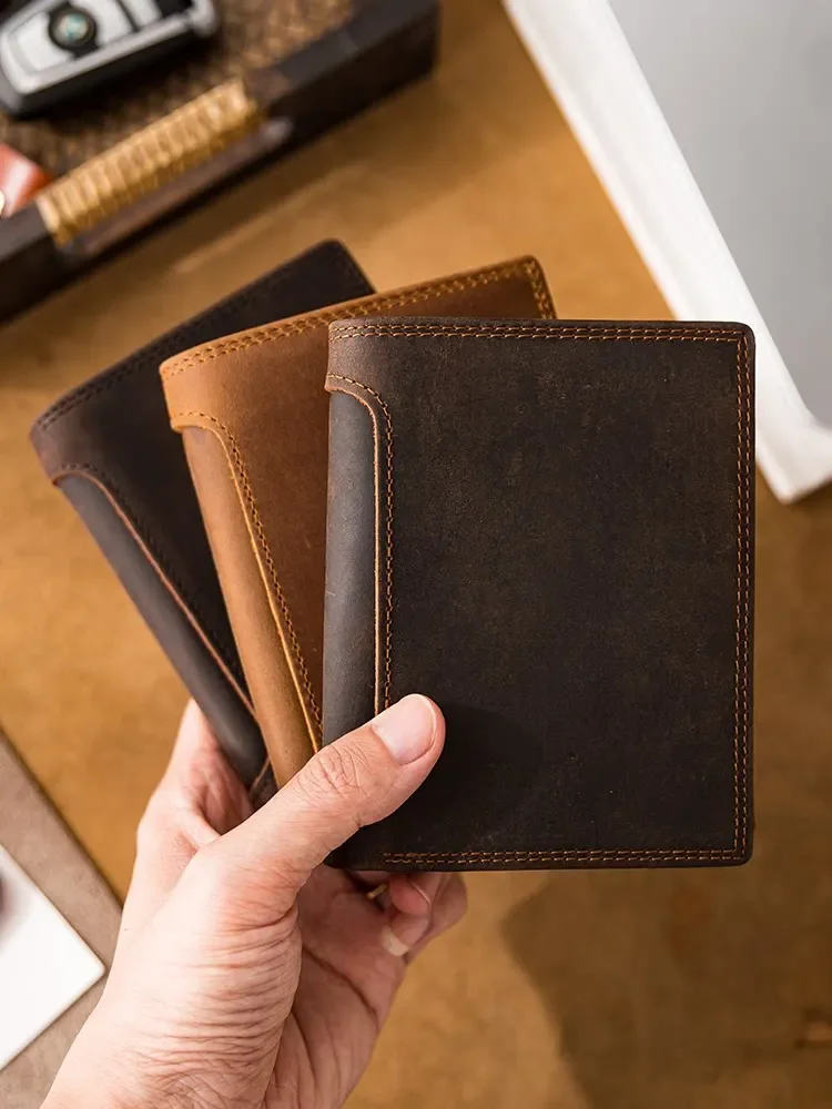 Handmade leather men's casual simple vertical multi-functional first-layer cowhide leather wallet