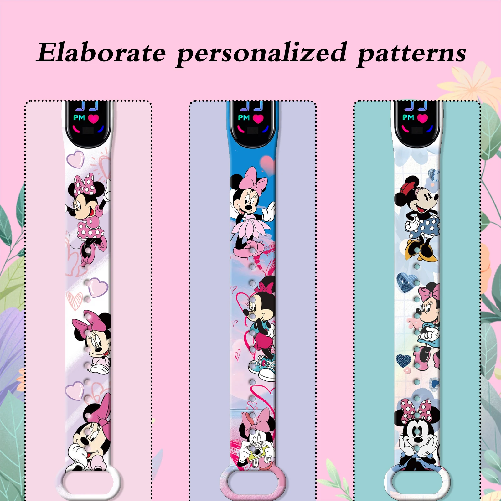 Tali Jam Kartun Disney Minnie Mouse untuk Xiaomi Mi Band 10/9/8, Gelang Pengganti Tali Silikon Cetak Lucu Hadiah untuk Wanita