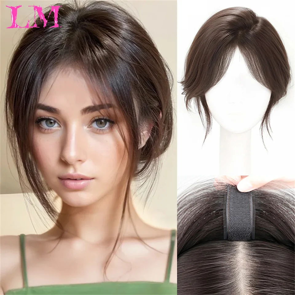 LM Real Human Hair Topper with Bangs for Women 3D Wispy Air Bangs 100% Remy Hair Hairpieces for Hair Loss Natural Looking