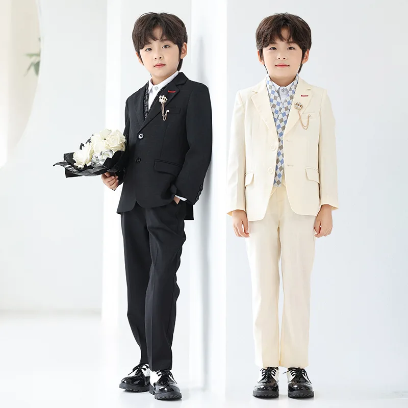 Boys 5-Piece Notched Lapel Tuxedo Suit Set plus Size Birthday Party Performance Wear Children's Formal Outfit