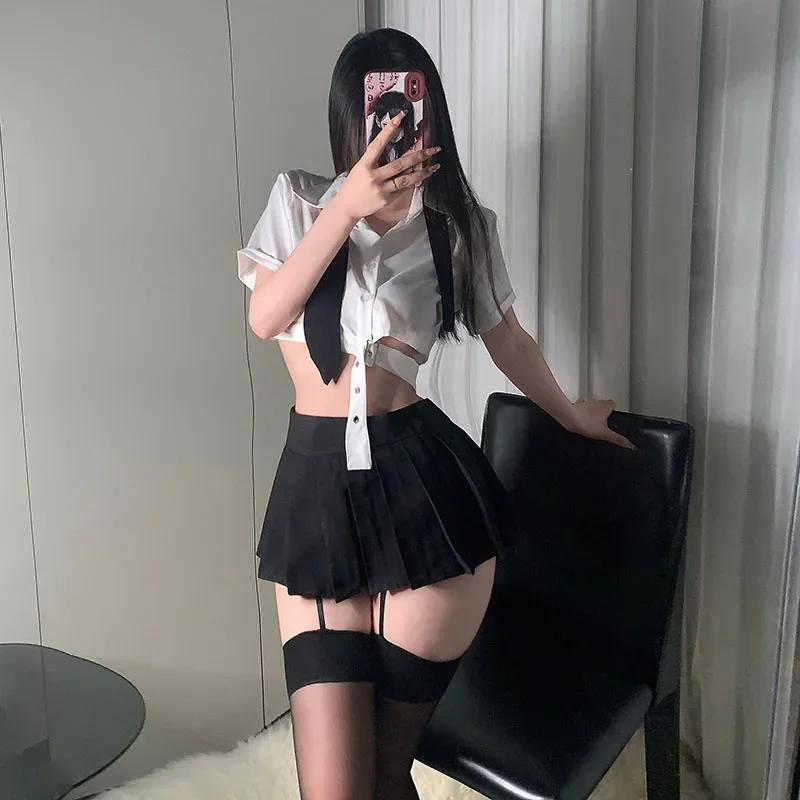 Lencería Sexy JK School Girls, camisa de moda, Falda corta sin espalda, uniforme de cordones, disfraz exótico de Cosplay, ropa de Club nocturno para mujer