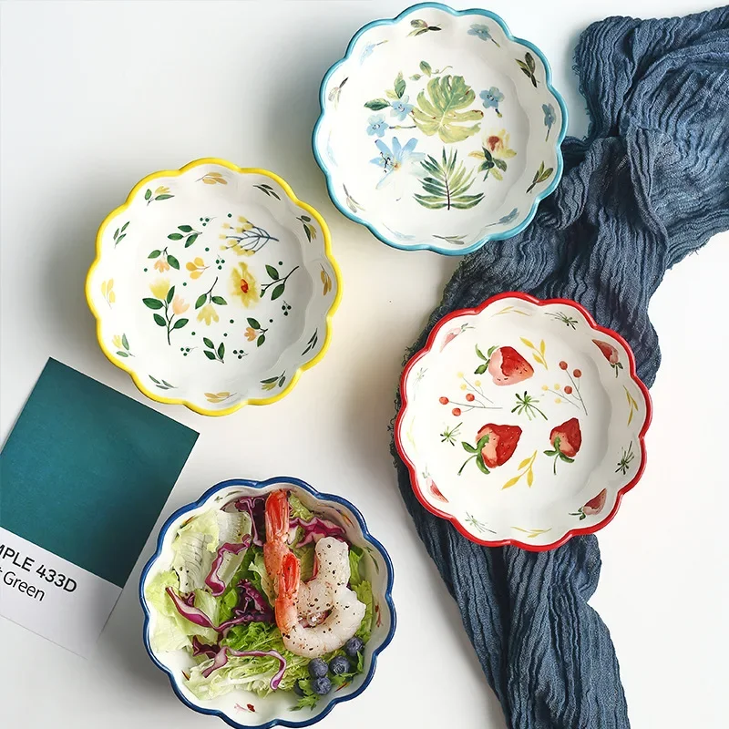 Nordic Simple Hand-painted Ceramic Salad Cake Bowl Colorful Porcelain Soup Fruit Bowl Lace Rice Dessert Snack Bowl Tableware