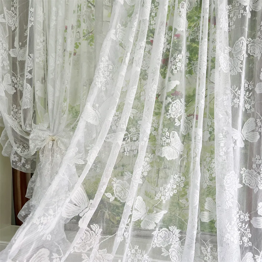 French Lace Jacquard Curtains Retro Luxury Butterfly Lotus Edge Sheer Voile for Living Room Balcony Bay Window Screen