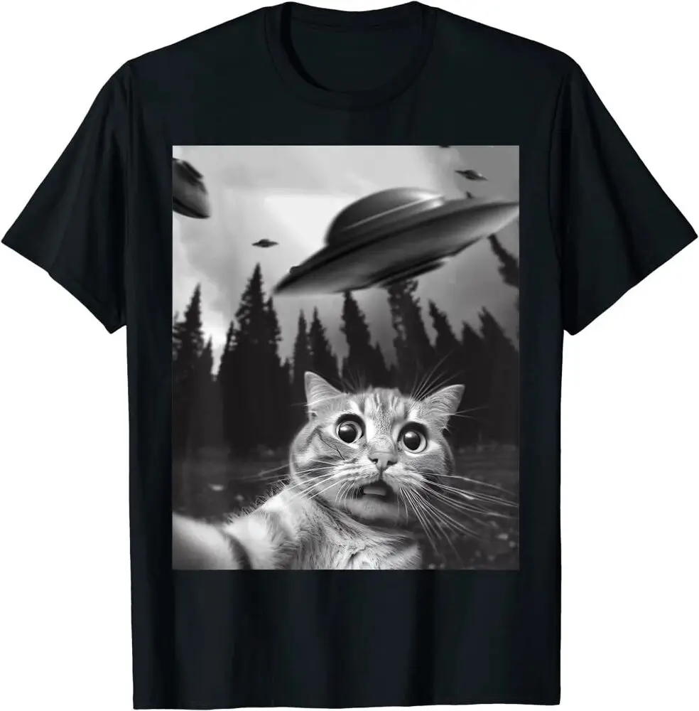 Funny Cat Selfie With UFO Cat Lover Tee Premium T-Shirt Unisex T-shirts For Man Woman Short Summer Tees Casual Cotton