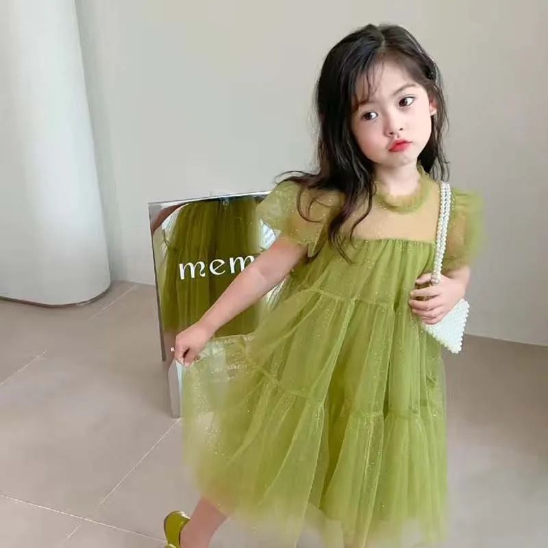 Baby Girls Dress Casual Patchwork Clothes Summer 2023 New Korean Cotton Linen Girls Princess Dress O-neck Collar Ruched Dress
