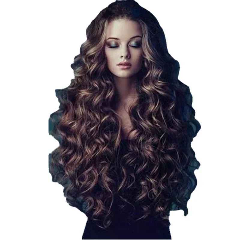 براون طويل حليقة شعر مستعار المرأة الاصطناعية رقيق كوس موجة كبيرة روز صافي الشعر التمديد ارتفاع درجة الحرارة الحرير الشعر التمديد