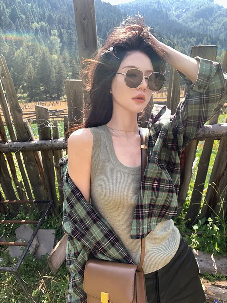 New Green Plaid Shirts Women Blouse Spring Summer Vintage Loose Button Up Shirt Coat Casual Long Sleeve Tops Y2k Clothes