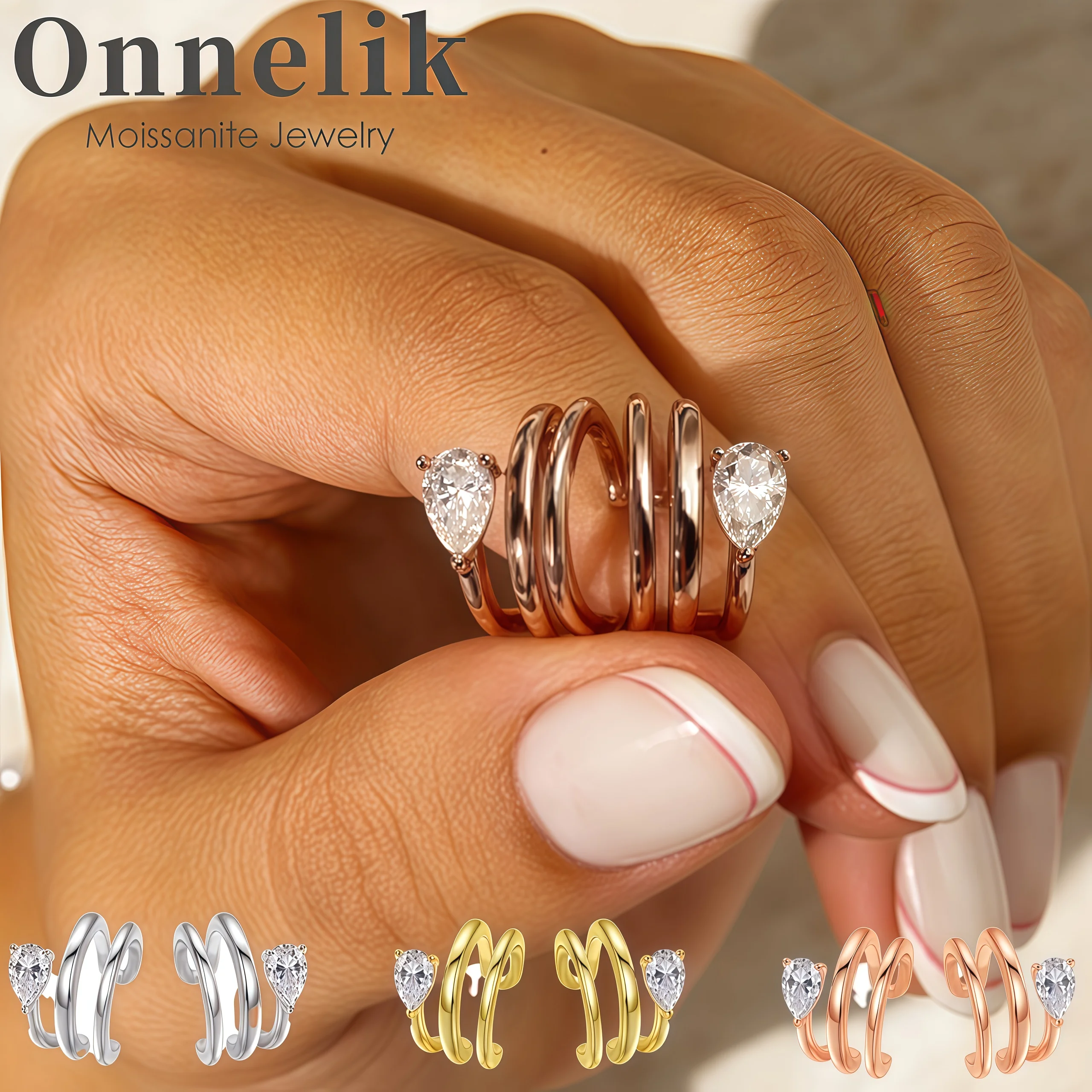 

Onnelik 0.5CT 4x6mm Water Drop Moissanite Clip Earrings for Women S925 Sterling Silver Plated 18k Gold Three-Row Ear Clip Party