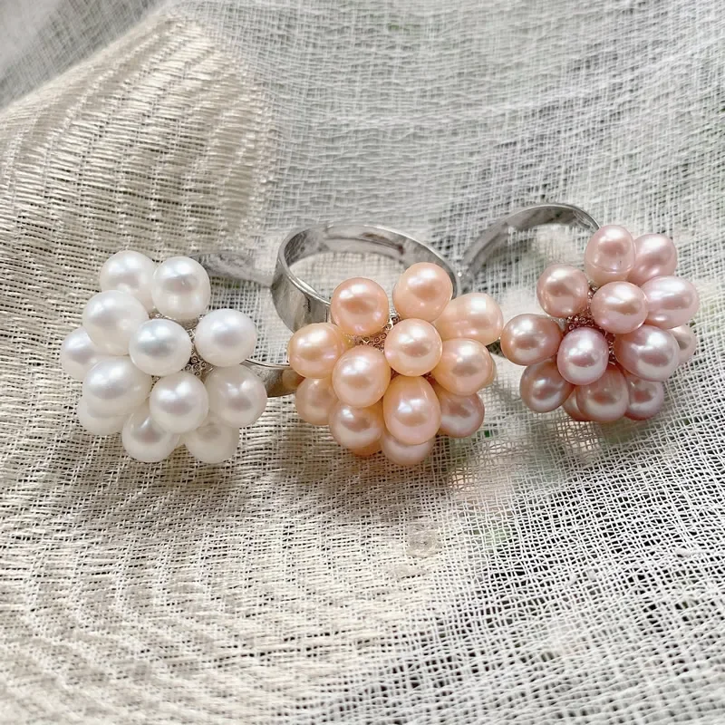 Elegant Natural Freshwater Pearl Finger Rings for Women Big Flower Full Rings White Pink Purple Real Pearl Wedding Bands Rings