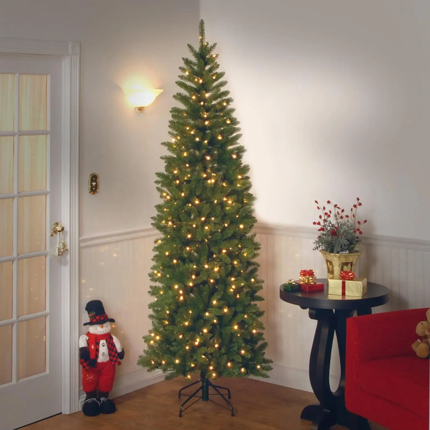 Artificial Pre-Lit Slim Christmas Tree, Green, Kingswood Fir, Dual Color Led Lights, Includes Stand, 7.5 Feet