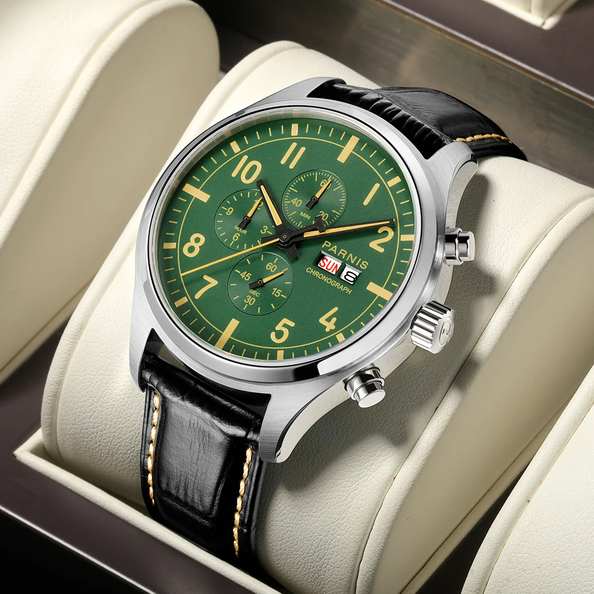 Parnis 43mm Green Dial Quartz Watch Chronograph Calendar 100m Waterproof Leather Strap Men Wristwatch With Box Gift 2024 Clock