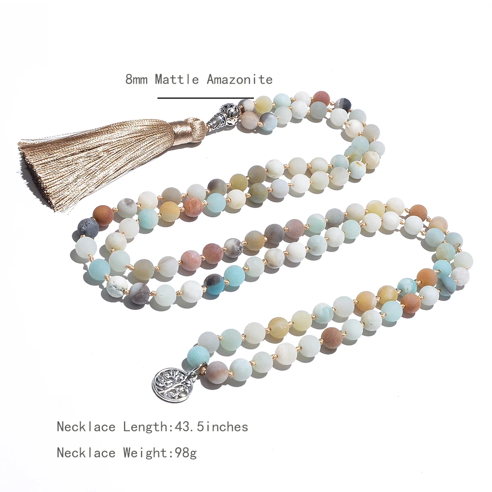 8mm Natural Mattle Amazonite Beaded Knotted 108 Mala Necklace Meditation Yoga Prayer Japamala Rosary For Men and Women