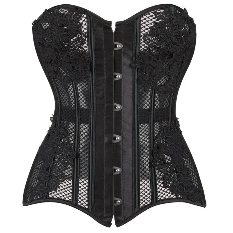 Women Breathabl Corset Top Sexy Through Mesh Satin Overbut Lace Up Waist Trainer Clothing Fishnets Strapless Bodycon Bustier