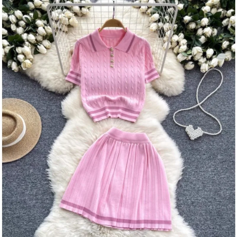 

2026 Summer New Lazy Style Lapel Short-sleeved Sweater Casual Versatile Skirt Woolen Two-piece Women's Clothing Age Reduction