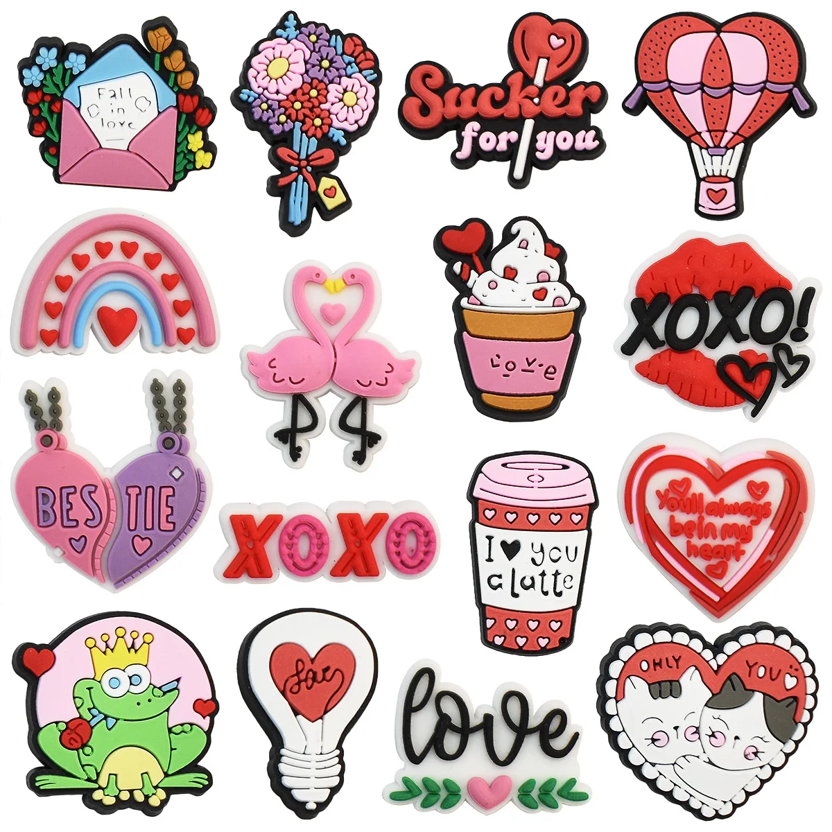 

1-16Pcs Romance Love PVC Shoe Charms Pins for Clogs Bubble Slide Sandals Accessories Shoe Decoration Buckle Fits Childrens Gifts