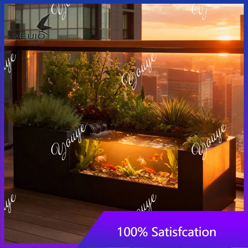 Stainless steel rectangular fish tank bottom cabinet balcony landscaping circulation system plant water feature box