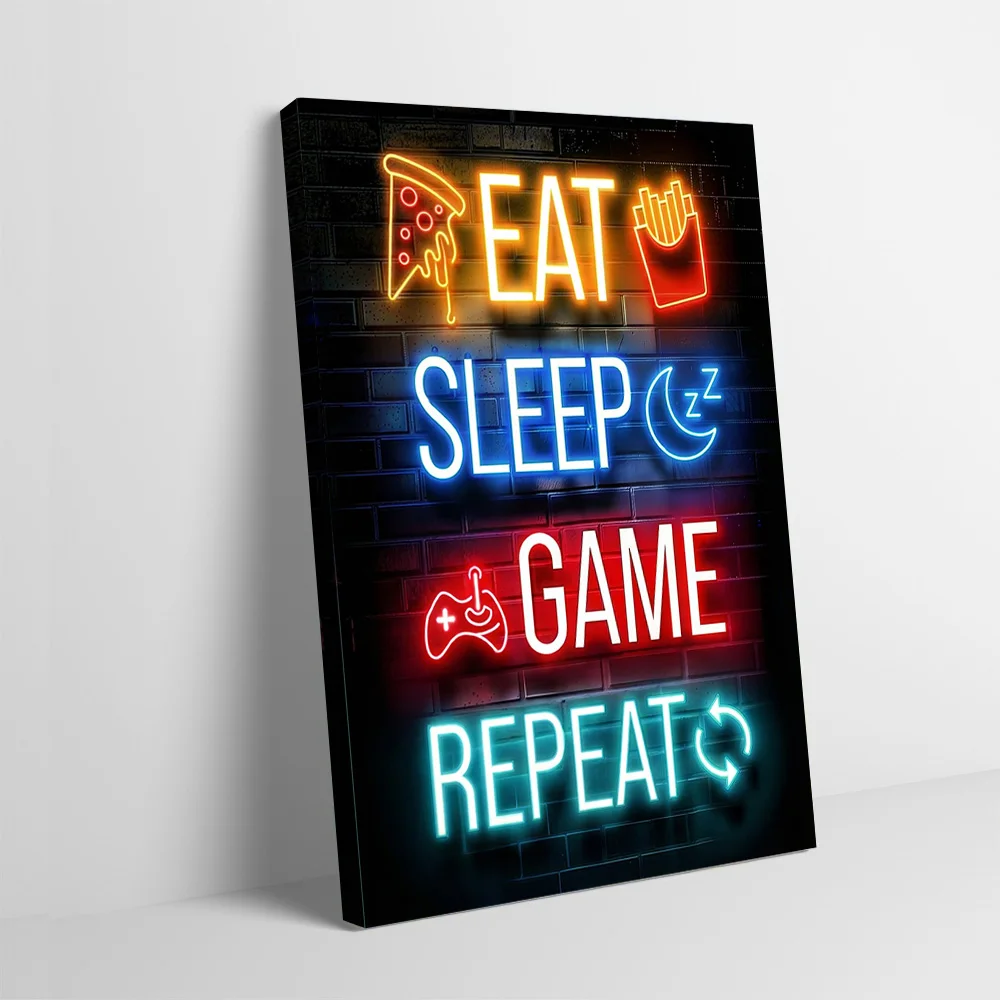 Eat Sleep Game Repeat Neon Gaming Poster Customizable Printed Canvas Painting for Pictures Wall Art Decorative Paintings Frames