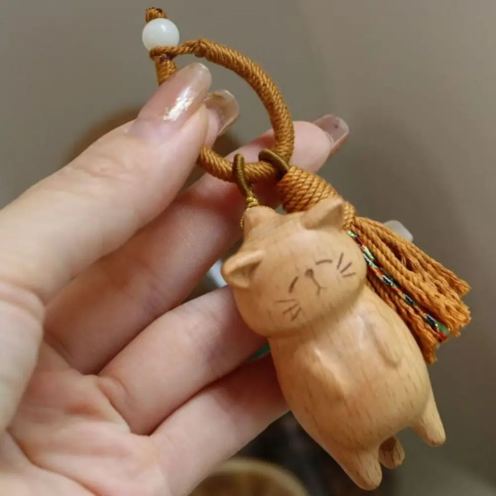نسج حبل خشبي منحوتة القط المفاتيح الخرز الكرتون الحيوان الخشب كيتي الدمى قلادة الحلي Kawaii منحوتة القط كيرينغ الهدايا