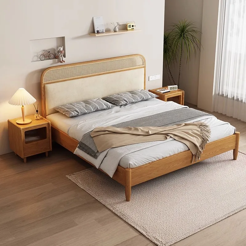 

Solid wood, double bed, modern, simple 1.8 meters for home use, single bed 1.5 meters rattan bed B & B