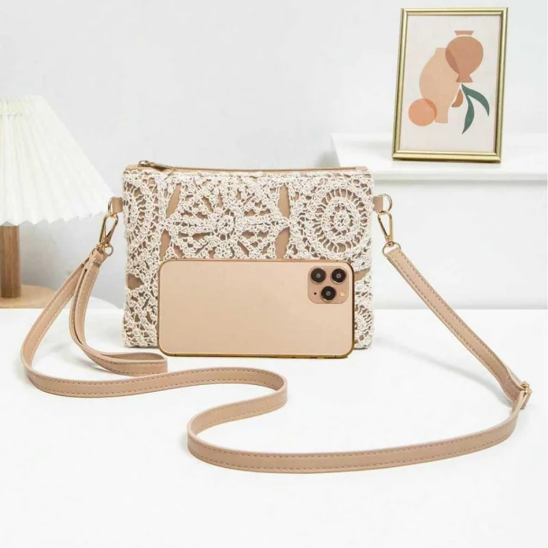 Einfache, vielseitige Umhängetasche aus Häkelstoff, neue gewebte Tasche, Reißverschluss, Retro-Casual-Strandtasche mit Blumenmuster für Damen – Detail 12