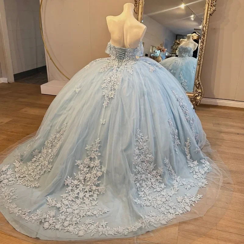 Vestidos De quinceañera para niñas, corsé con cuentas De encaje, apliques De hombros descubiertos, color azul claro, 15 De XV