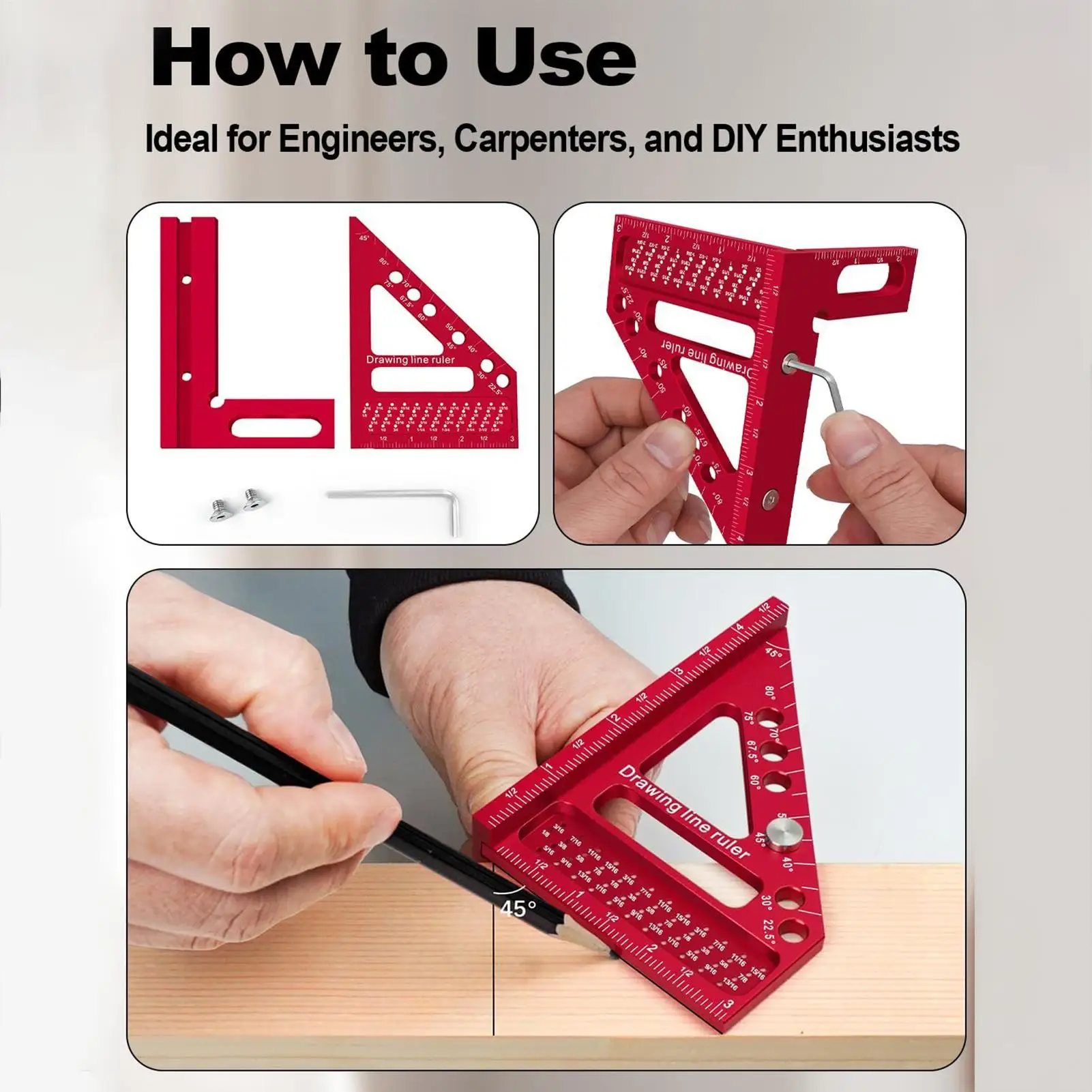 Carpinteiro quadrado precisão carpintaria enquadramento ferramentas transferidor régua 22.5-90 graus liga de alumínio linha desenho ferramenta
